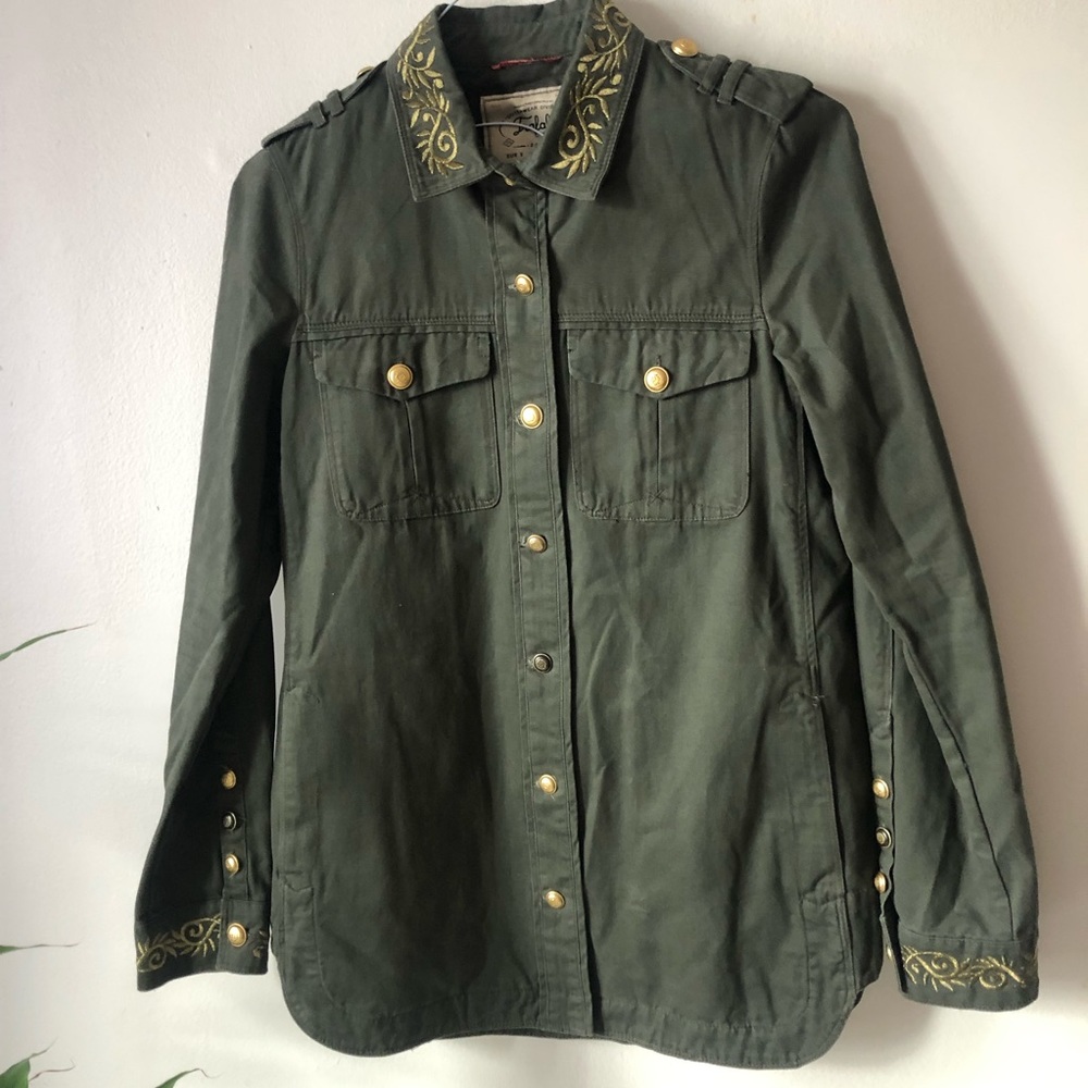 ❤️Zara Trafaluc Military Green Shirt Jacket Shacket Embroidered Golden Pockets S